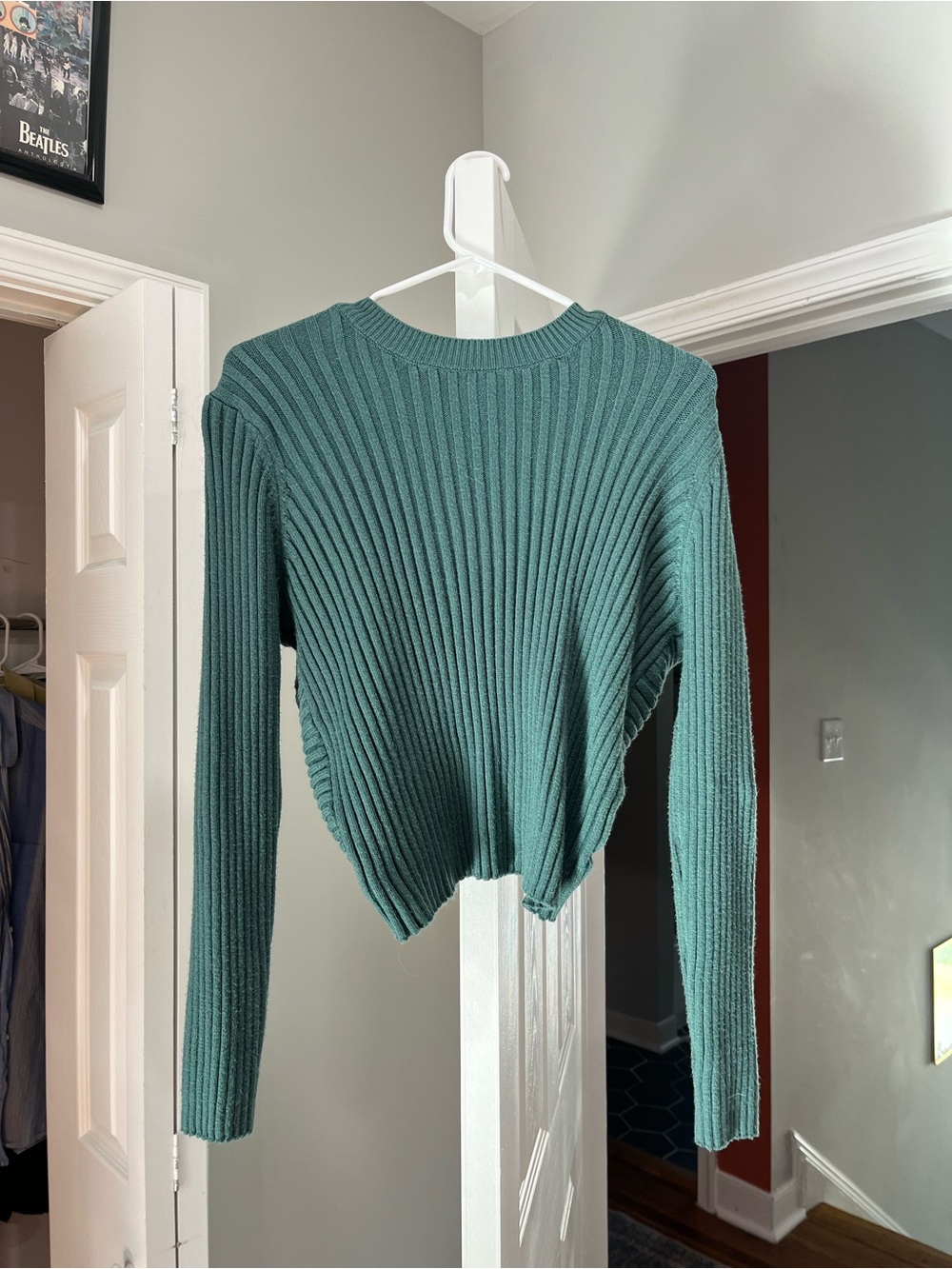 Ribbed Crewneck Sweater in Teal Green